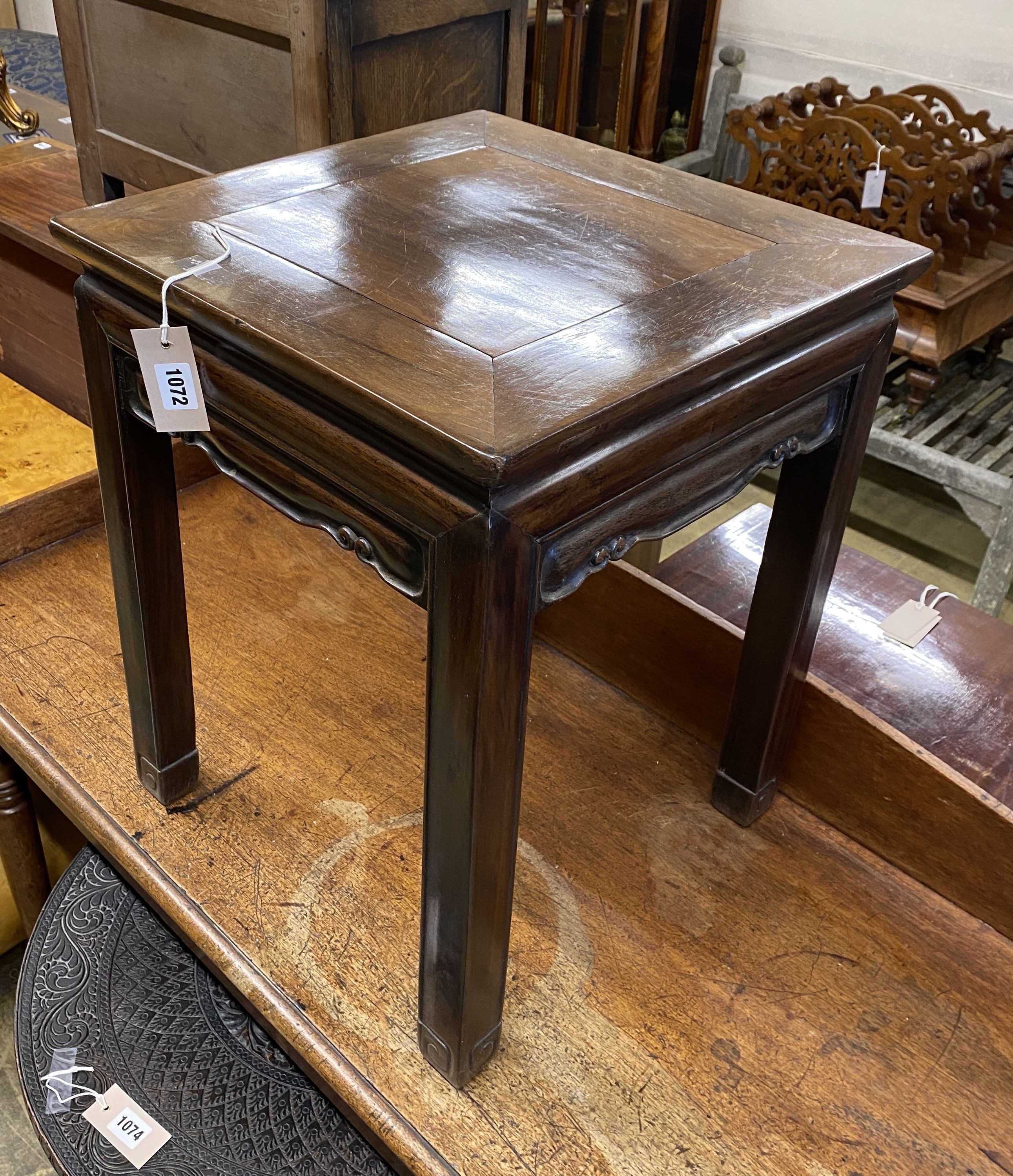 A Chinese square hardwood occasional table, width 41cm, height 52cm